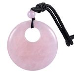 Nupuyai Rose Quartz Lucky Coin Pendant Necklace for Women Men, Healing Crystal Stone Donut Pendant with Adjustable Cord 70cm