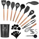 ONATISMAGIN Kitchen Utensils Set, 35pcs Non-Stick Silicone Cooking Utensils Set, Heat Resistance Cooking Tools, Kitchen Tools Gadgets Accessories, Spoons Spatula Set with Wooden Handle (Dark Grey)