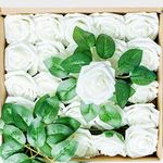 ROYALLATO 25PCs Artificial Roses Artificial Flowers Fake Flowers White Foam Roses with Stem & 8 Leaves Wedding Flowers Decorations DIY Mother's Day Bridal Bouquets Cake & Home Decorations Baby Shower