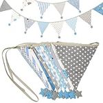 GCQQ 4M Blue and Grey Fabric Bunting-12Pcs Double Side Fabric Bunting Garland-17x19 Floral Vintage Cotton Fabric Garlands with Star-Outdoor Bunting Banner for Nursery, Garden, Baby Room Decoration