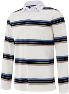 VANLYTK Men's Long Sleeve Polo Shirts Moisture Wicking Collared Golf Striped Polo Shirts for Men (US, Alpha, Small, Regular, Regular, White Khaki Stripe)