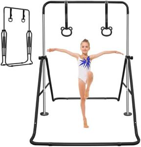 Children's Gymnastic Bar with Bear Rings, Adjustable Height 34.8-51 inches, Black Steel, 110 lbs Capacity