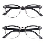 Happy Store CN56 Vintage Inspired Classic Horn Rimmed Half Frame Nerd UV400 Clear Lens Glasses 2 Pack Matte Black/Glossy Black