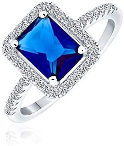 3CT AAA CZ Pave Band Rectangle Solitaire Halo Blue Simulated Sapphire Emerald Cut Engagement Ring For Women .925 Sterling Silver