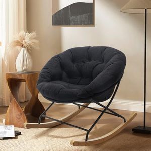 COLAMY Rocking Chair Nursery, Upholstered Glider Rocker Accent Chair Saucer Armchair with Comfy Cushions, Wood Base and Metal Legs for Living Room, Bedroom, Office, Black