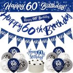 60th Birthday Decorations for Men,Happy 60th Birthday Banners,60th Birthday Party Decorations Navy Blue Silver,Birthday 9ft Banner Bunting Sash Confetti Latex Balloons Triangle Flags Cake Toppers