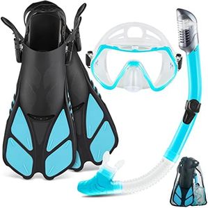 ZEEPORTE Mask Fin Snorkel Set with Adult Snorkeling Gear, Panoramic View Diving Mask, Trek Fin, Dry Top Snorkel +Travel Bags, Snorkel for Lap Swimming