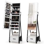 COSTWAY Mobile Jewelry Cabinet, Floor Standing Lockable Jewelry Armoire with Full Length Mirror, Drawer and Wheels, Makeup Jewellery Storage Organiser Unit for Bedroom Dressing Room (White)