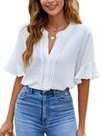 BMJL Womens White Blouses Chiffon Ruffle Short Sleeve V Neck Business Casual Tops Summer Cute Shirt, White, Small