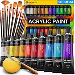 Complete Acrylic Paint Set - 24 Rich Pigment Colors - 12x Art Brushes with Bonus Paint Art Knife & Sponge - for Painting Canvas, Clay, Ceramic & Crafts, Non-Toxic & Quick Dry - for Kids & Adults