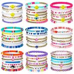 Otuuz 63 Pcs 9 Set Heishi Surfer Bracelets Set Preppy Bracelets Colorful Beaded Smile Heart Star Evil Eye Boho Disc Party Gift Stackable Charm Y2K Summer Beach Bohemian Layering Bracelets for Women