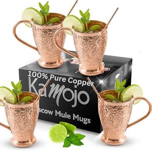 Moscow Mule Pure Copper Cups - Stunning Embossed Set of 4 Copper Mugs - Bonus Straws/Stir Sticks/Recipes- Kamojo Exclusive (Gift Set of 4)