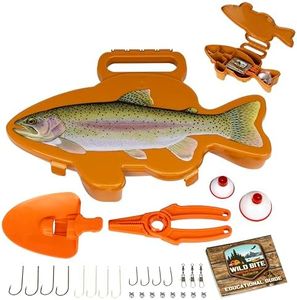 Flambeau Outdoors Wild Bite Fishing Tackle Box Kit | Orange/Trout - Tackle Box for Beginners, 25-Piece Multi-Species Tackle Assortment for Catching Bass/Panfish/Trout, Spade and Plier Multi-Tool