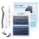 GEMERRY Lash Extension Kit, DIY Eyelash Extension Kit, 240Pcs Lash Clusters D Curl+ Black Lash Bond and Lash Seal+ Lash Glue Remover+ Cluster Lash Tweezers, Cluster Lashes Kit DIY at Home(Buy 1 Get 4)