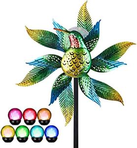 Solar Wind Spinner Outdoor Metal Kinetic Wind Spinners with LED Lighting Glass Ball Hummingbird Wind Spinner with Stake Decorative Windmill for Yard Lawn Garden Patio Decor