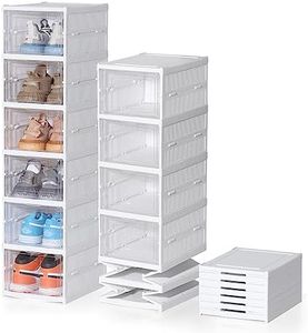 ELUCHANG Shoe Storage Box, Installation Free 6PCS Clear Shoe Boxes Stackable Foldable, Plastic Shoe Storage Organiser for Sneakers,Trainers,Hallway,Under Bed,Women,Men, Fit Up to UK 10