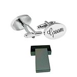 Virens Empourium Men's Wedding Cufflinks BOXED SILVER OVAL Cufflink, Groom Best Man Usher Page Boy and Many More Titles, Gift Box with Every Pair of Cuff Link (GROOM)