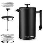 BELWARES French Press Coffee Maker - Double Wall 304 Stainless Steel - 4 Level Filtration System with 2 Extra Filters, Black, 34oz (1L)