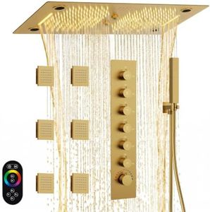 GRANDJOY Luxury LED Shower System, 28" x 16" Ceiling Mount Bluetooth Music Speaker 4 Function Shower Head with 6 Body Jets, Brushed Gold