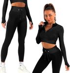 K-MART Gym sets for women 2 piece zip up jacket Workout outfits, Cropped Top, Long Sleeve, Leggings Set for Running, Yoga, Gym, Sports Activity (Black, M)