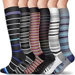 CAMBIVO Compression Socks for Women and Men with Striped Pattern (6 Pairs), 8-15 mmHg Compression Socks for Swelling, Running, Hiking, Flight, Pregnancy(Mixture 1,SM)