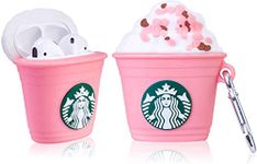 Meyaar Cute Silicone Case Cover with Keychain, 360° Protective Case Compatible with Apple Airpods 2 & 1 (Starbucks-Cup-(Pink))