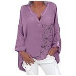 Generic Womens Cotton Linen Tops Casual Blouses Long Sleeve Oversize Baggy Shirts Pullover Summer V Neck Loose Fit Tops Ladies Plus Size Tops for Women Holiday Clothing (41-Purple, M)