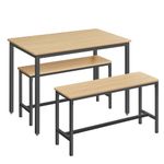 VASAGLE Dining Table with 2 Benches, 3 Piece Set, Kitchen Table of 70 x 110 x 75 cm, 2 Benches of 30 x 97 x 50 cm Each, Steel Frame, Golden Oak and Ink Black KDT070B09