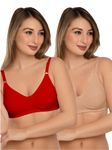 DAISY DEE Women's Cotton Seamed Non-Wired Regular Straps Full Coverage Non-Padded Saree Bra (Skin & Red_Size-36B) (Pack of 2) - NSHTL