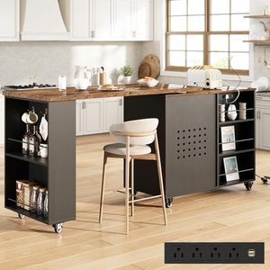 HSH Kitchen Island with Storage & Power Outlet, Rolling Kitchen Island Cart with 360° Swivel Table & Seating, Mobile Wood Kitchen Island Table with Cabinet, Drawers & Shelves on Wheels, Rustic Brown