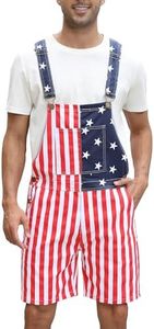 Dickcars Mens Patriotic American Flag Overalls Shorts with Zipper Red White Blue Striped Coveralls Jumpsuits for Independence Day Parades