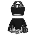 Nimiya Kids Girls Floral Lace Lyrical Dance 2 Piece Outfit Crop Top with Skorts Gymnastics Sports Activewear Black 10-12 Years