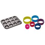 masterclass KitchenCraft 12-Hole Non-Stick Shallow Baking Tray, 32 x 24 cm & Colourworks Plastic Plain and Fluted Round Cookie Cutters, Multi-Colour, Set of Six