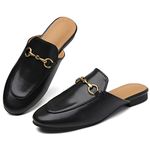 Minorsu Buckle Mules for Women Flats Round Toe Mule Backless Slides Slip On Loafer Shoes, Black, 4.5 UK