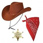 Texan Cowboy Brown Hat + Red Bandana + Gold Western Sheriff Badge : 3 Piece Adult Wild West Fancy Dress Accessory Set