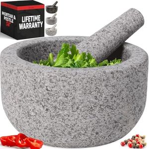 Heavy Duty Extra Large Mortar and Pestle Set, Hand Carved from Natural Granite, Make Fresh Guacamole, Salsa, Pesto, Stone Grinder Bowl, Herb Crusher, Spice Grinder, 4 Cup, Grey
