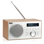 DAB+ Radio with Bluetooth Speaker - August MB420 - DAB FM Digital Tuner with Presets and Dual Alarm Clock Bedside Radio - Aux, USB, Mains Input for 2 Speakers Bass Reflex Subwoofer - LCD Screen - Oak