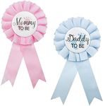 2 Pieces Daddy and Mommy To Be Tinplate Badge Pin, Celebration Gender Reveal Party Favor New Dad Mom Gifts Rosette Buttons with Ribbon Baby Shower Decorations (Pink + Blue), Premium Metal