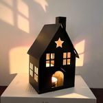 Peytanger Nordic Country Farmhouse Tealight Candle Holder, Black Metal House Shaped Candle Lantern for Home Décor and Gift