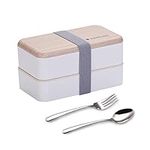 Original Bento Box Lunch Boxes Container Bundle Divider Japanese style with stainless steel Utensils spoon and fork (White)