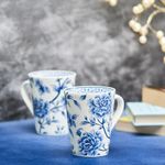 GOLDEN QUEEN'S Elegant Floral Mugs: Set of 2 for Coffee, Tea, Milk—Ideal for Hosting, Casual Gatherings, or Your Daily Beverage Ritual (Sapphire Bloom)