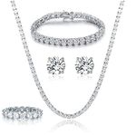 18K White Gold Plated Tennis Necklace/Bracelet/Earrings/Band Ring Sets Hypoallergenic Jewelry Pack of 4 (9)