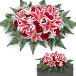 Artificial Headstone Flower Saddles for Graves, Cemetery Memorial Flowers for Outdoor Tombstone Decorations, Lily Rose Gerbera Mixed Saddle Flowers (Red Lily, Saddle)