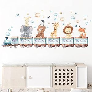 Yotdmk Wall Stickers for Baby Room Cartoon Animal Train Theme Decals Fox Lion Elephant Giraffe Wallpaper Wall Decals for Kids Room Boys Girls Bedroom, Nursery Room Kindergarten Decoration PVC Murals