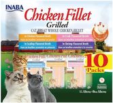 INABA Natural, Premium Hand-Cut Grilled Chicken Fillet Cat Treats/Topper/Complement with Vitamin E and Green Tea Extract, 0.9 Ounces Each, Pack of 10, Variety Pack