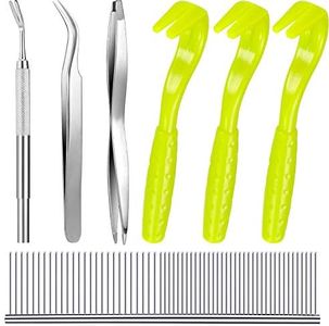 Tick Removal Tool Kit, Include 3 Pieces Plastic Removers, 3 Pieces Stainless Steel Tweezers with Comb for Dog and Cats (Fluorescent Green)