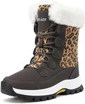 COOJOY Womens Winter Snow Boots Waterproof Shoes Walking Comfortable Hiking Tennis Booties Furry Mid Calf Warm Lightweight, Leopard Brown, 9