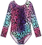 EQSJIU Gymnastics Leotards for Girls Kids Sparkly Patterned Rainbow Galaxy Aurora Colorful Butterfly Flower Dancewear, Ls Fancyleopard, 4-5 Years