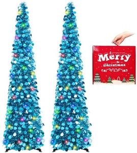 MACTING 2PCS Pop up Christmas Tree with Lights 5FT Easy-Assembly Tinsel Tree Coastal Glittery Artificial Collapsible Tree for Indoor Apartment Corner Holiday Party Xmas Valentines Decor (Blue)