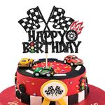 ZHUOWEISM 1 PCS Race Car Happy Birthday Cake Topper Glitter Traffic Light Trophy Flag Wheel Racing Car Cake Pick for Let's Go Racing Theme Baby Shower Boys Girls Birthday Party Cake Decorations